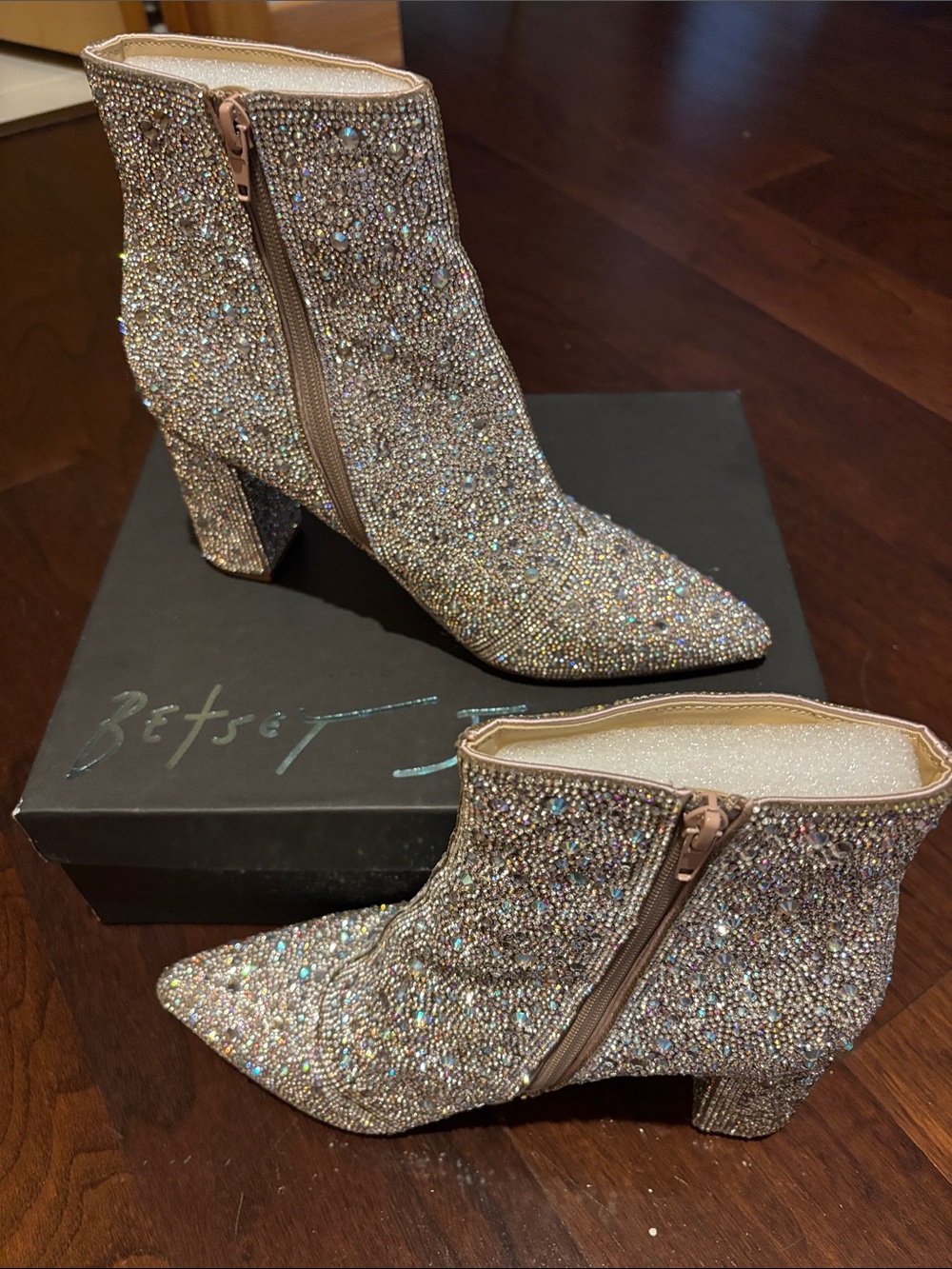 Betsey Johnson Crystal-Embellished Champagne Ankle Booties